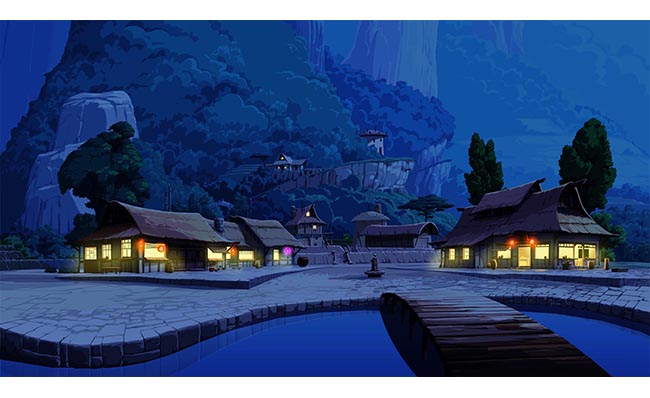 夜色下山谷建筑房屋动画背景素材