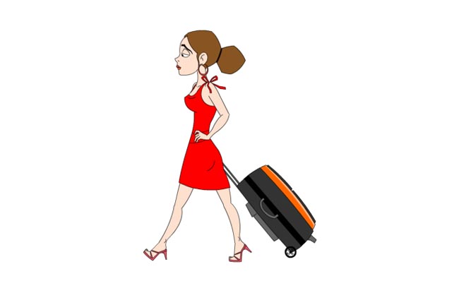 穿红色裙子的女孩拖行李箱走路动作二维动画