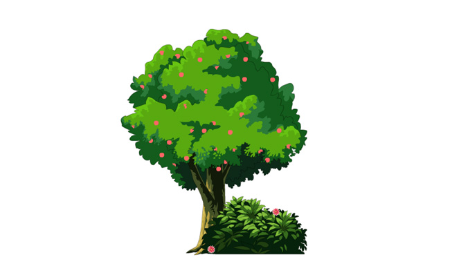 一棵果树与草丛植被二维动画道具素材