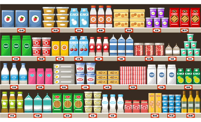 超市货架上摆满产品和饮料向量