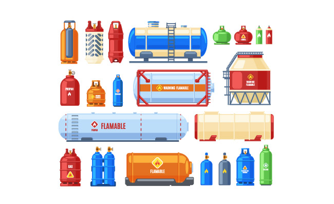 安全储存设备上的警告标志危险气体容器气体钢瓶和罐丁烷氧气或氦金属容器易燃气体钢瓶矢量插图集