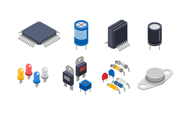 半导体电子组件等距图标电路板元素微处理器电解电容器和微芯片矢量