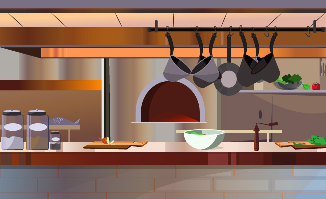 餐厅厨房柜台各种器具操作台烤炉插图矢量