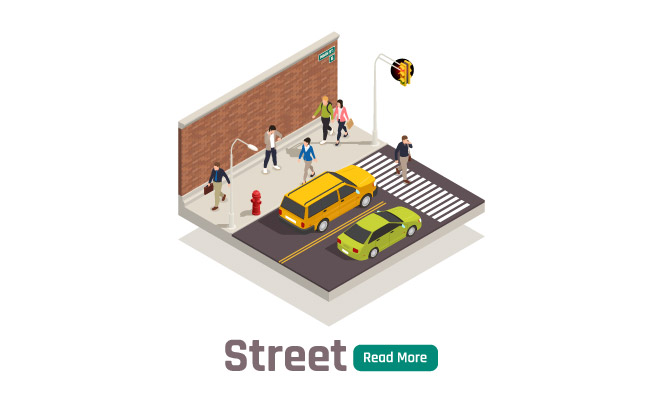 城市等距组成与街道标题隔离道路交通和行人矢量图