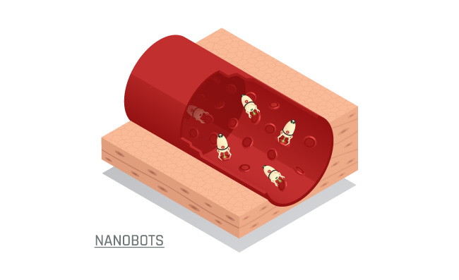 创新的纳米技术医学测试诊断治疗用纳米机器人流经血管等距成分矢量图