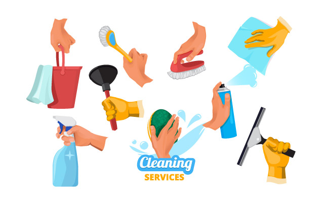 带不同清洁工具的女人的手图片不同姿势的手