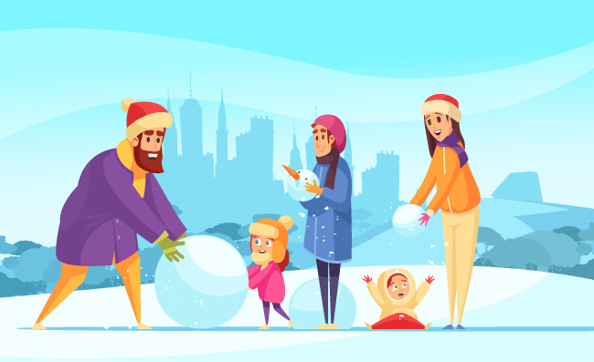 冬天假期家庭活动父母和孩子们玩雪球城市剪影背景矢量图