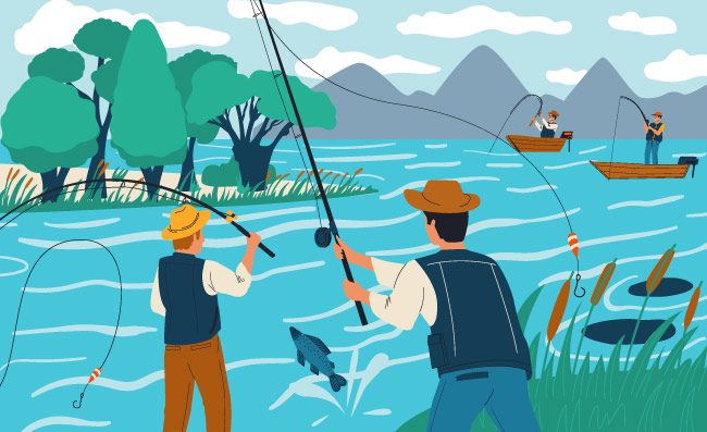 钓鱼的人们岸上岸边用钓竿钓鱼,湖上快乐渔民卡通场景,户外休闲活动假日休闲矢量暑假插画