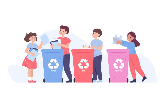 儿童分类垃圾孩子们将垃圾扔进垃圾箱用于回收纸质生物和塑料垃圾男孩和女孩保护环境