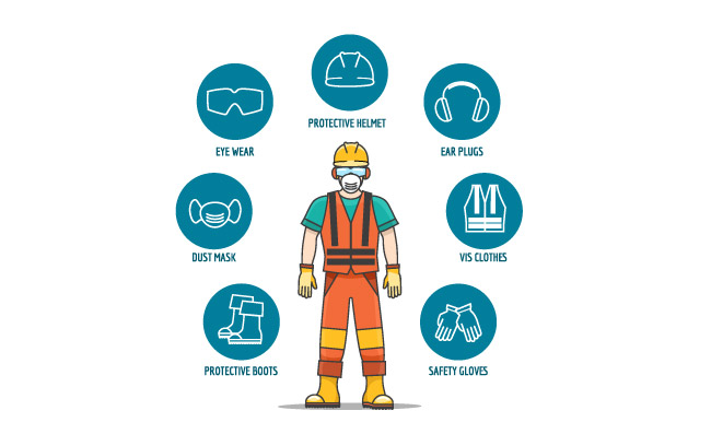 防护安全设备工人工作保护头盔眼镜手套和耳机图标