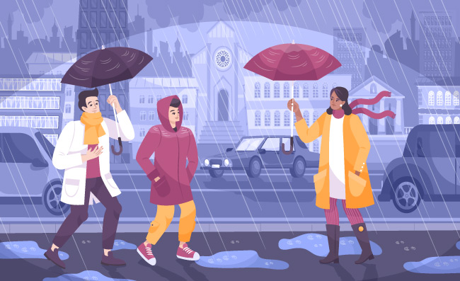 风雨中的人们城市街道矢量插图
