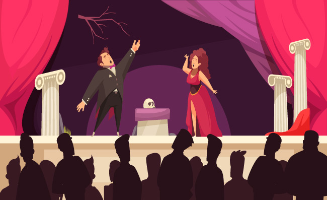 歌剧剧院现场平面卡通海报与2位歌手咏叹调舞台表演和观众剪影矢量图