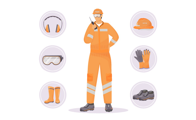 工业安全设备安全帽胶鞋和配件卡通人物正确穿戴防护用具伤害预防和安全工作矢量图