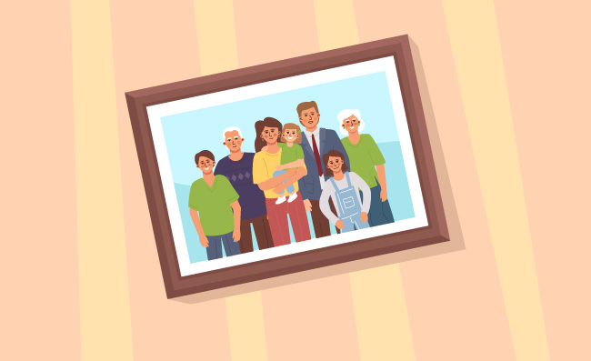挂在墙上的全家福开心的一家人照片相框矢量