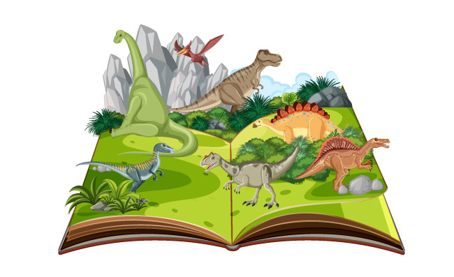 弹出书与户外自然场景和恐龙免费矢量