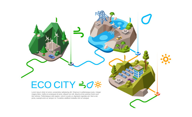 等距生态城市再生资源风能水利发电太阳能图解矢量素材