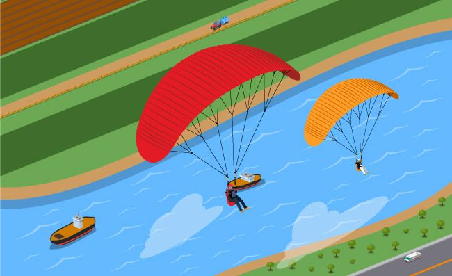 滑翔伞河与船道路运输矢量图