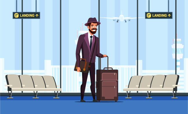 机场出发到达航站楼身着西装戴帽子眼镜拉着行李箱手提包的成年男游客