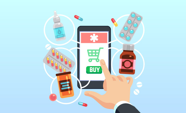 手机购买药品在线药房应用程序矢量药物插图