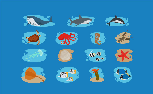 海洋动物在泡沫平面图标矢量图海洋动物图标