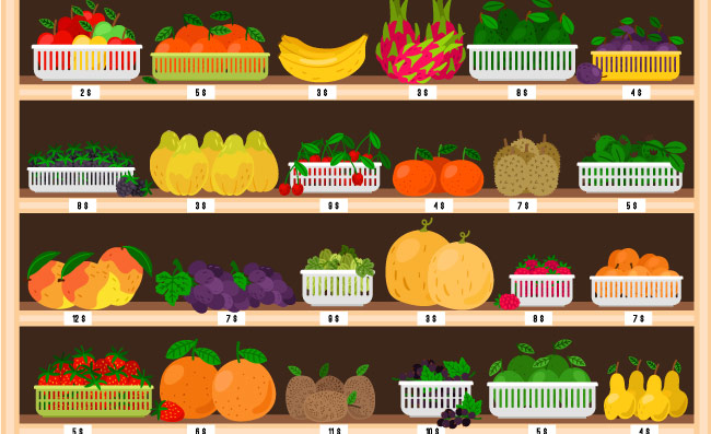 水果超市食品商店内部水果展示新鲜成熟的苹果和草莓火龙果菠萝矢量图