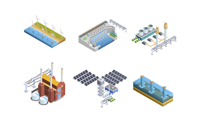 水力发电风能火电电力发电厂矢量素材