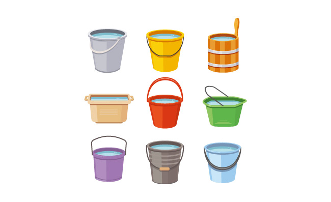 水桶塑料垃圾桶容器木制洗涤家用水桶各式各样的桶矢量图