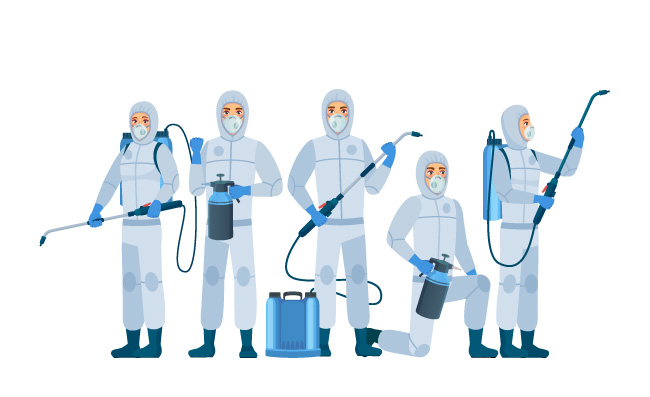 抗病毒消毒穿着防护服口罩的工作人员使用消毒剂喷雾生物危害抗病毒团队卡通图片