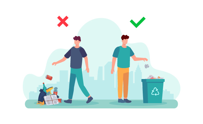 乱扔垃圾的行为扔垃圾和正确投放垃圾的人垃圾回收信息图表男子处理垃圾插图