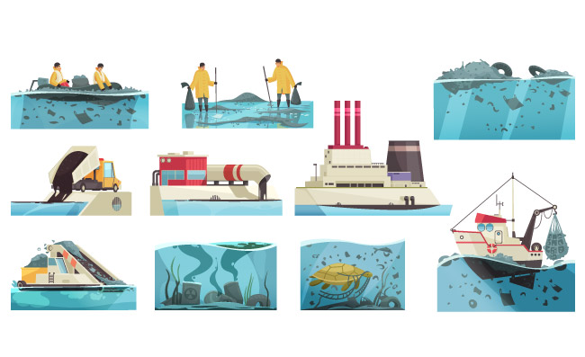 污水排放自然水污染与平面水下景观和废物收集工人打捞乱排污矢量图