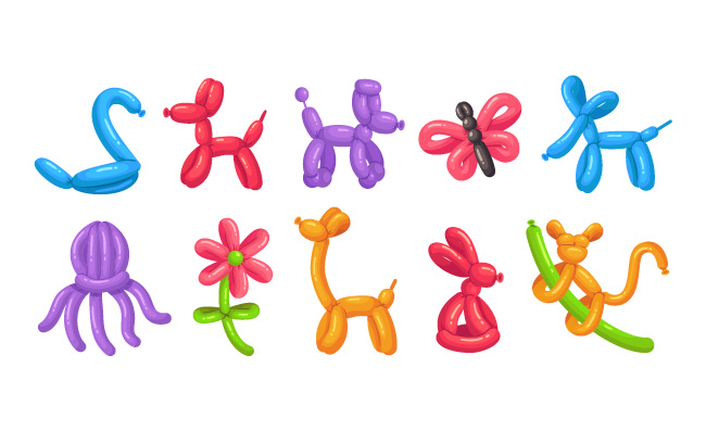 五颜六色的动物生日卡通气球玩具矢量插图集