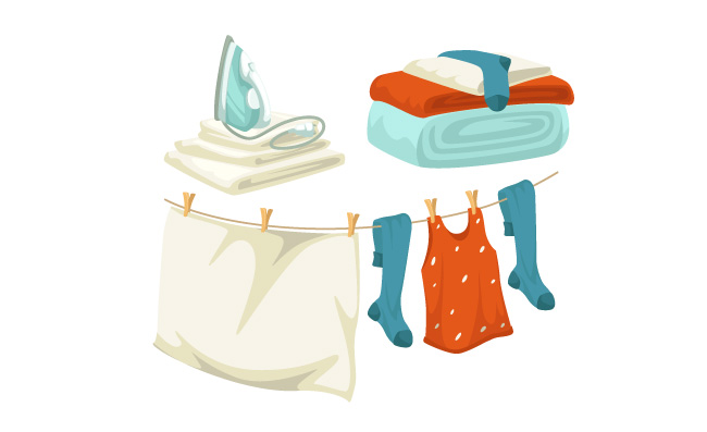 洗涤的袜子背心浴巾晾晒的被子熨斗和整齐的床单衣服素材