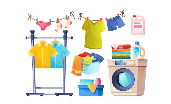 洗衣房设备卡通洗衣机洗涤剂悬挂内衣和衬衫