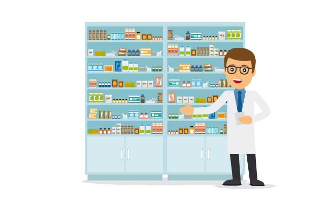 男性药剂师解说药品药物药店货架上的药品卫生保健品卡通素材
