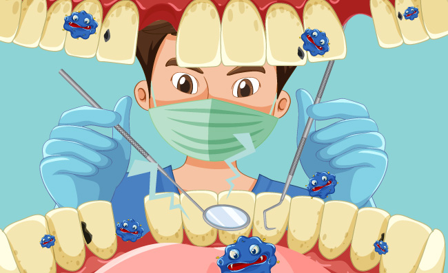 男牙医拿着仪器检查病人牙齿矢量细菌插图