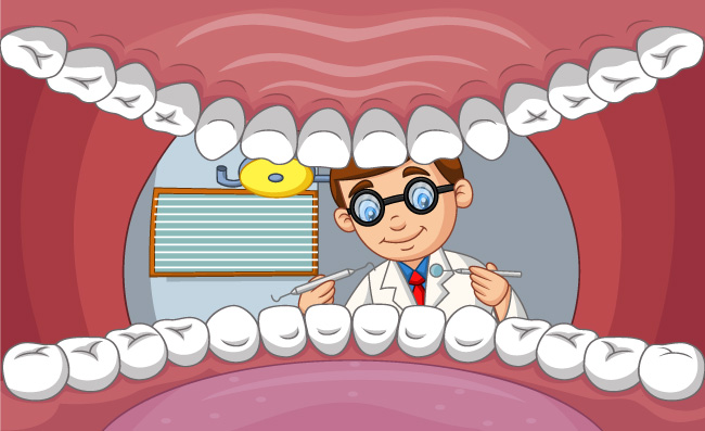 男医生卡通牙医检查牙齿张开的病人嘴吧和双排牙齿素材
