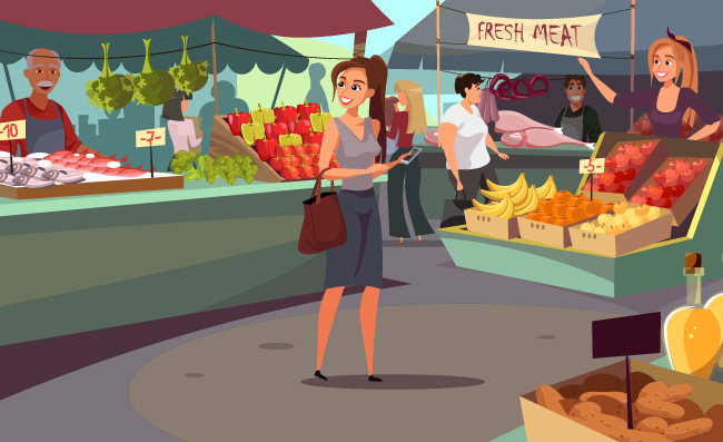 农贸市场菜市场蔬菜水果摊位插图素材