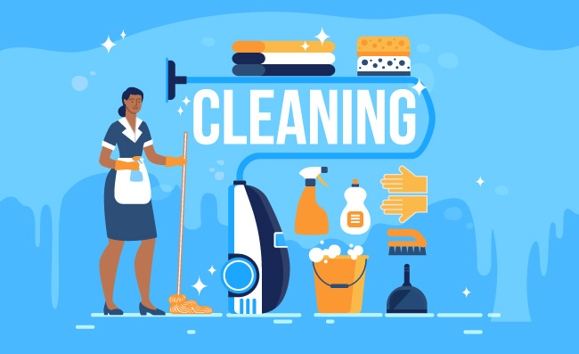 女性工作酒店客房清洁服务平面矢量清洁工具集插图