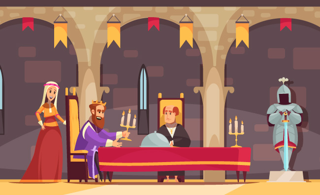 国王用餐卡通城堡宫殿内部矢量图
