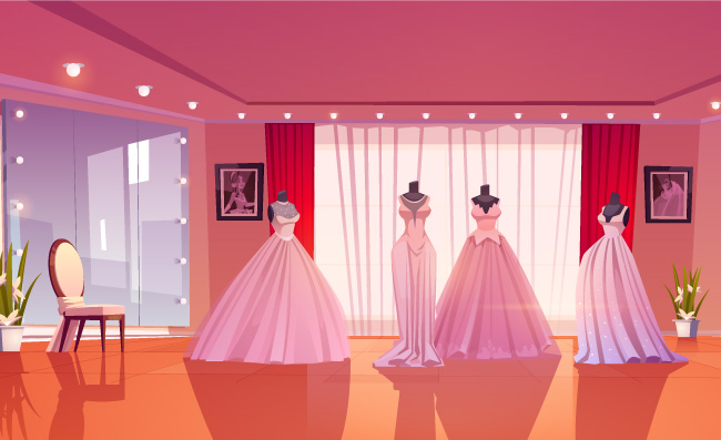 婚纱店内部人体模型上的婚纱大镜子精品店出售新娘礼服时尚女性着装卡通矢量图