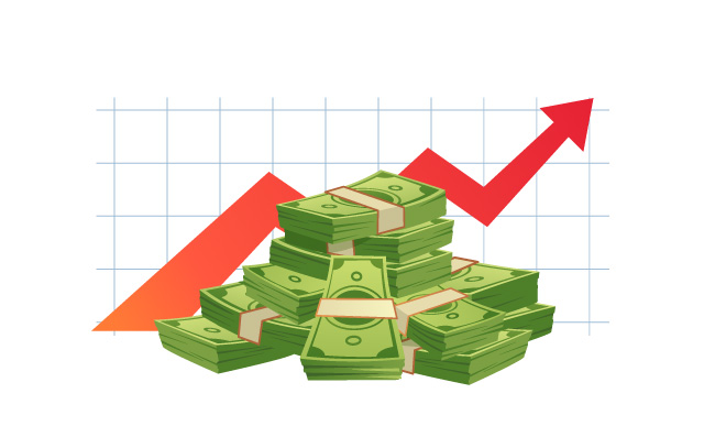 现金图金钱价值红色上升的图表箭头成功资本投资财务增长图矢量