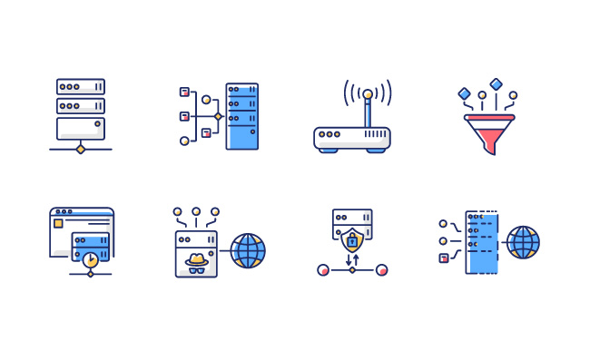 虚拟连接代理服务器图标互联网数据访问网络安全不同的VPS网络结构类型孤立的矢量插图图标集
