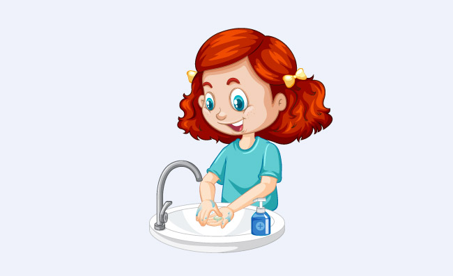 认真洗手的小女孩手部清洁个人卫生勤洗手阻断疫情传播矢量素材