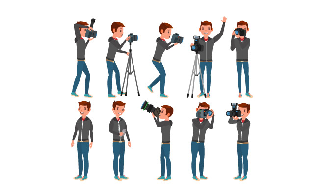 摄影师矢量拍照摄影记者卡通插图专业摄影师矢量男性不同的姿势人物插图