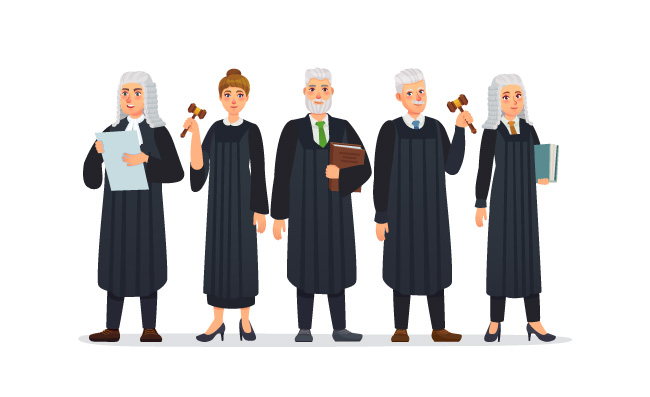 身着黑袍的法官法庭人员和司法工作者矢量卡通画
