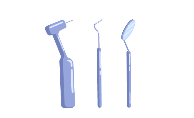 牙科和医疗器械牙钻刮匙金属检查镜平面图标