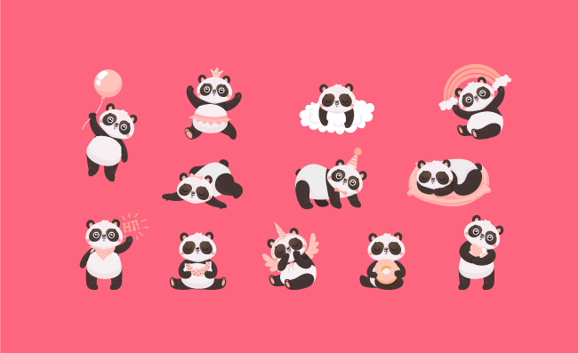 卡通可爱的熊猫小熊猫宝宝可爱的熟睡动物和粉红色公主熊猫熊赤壁吉祥物竹熊猫表情被设置的被隔绝的传染媒介例证象卡通可爱的熊猫小熊猫宝宝