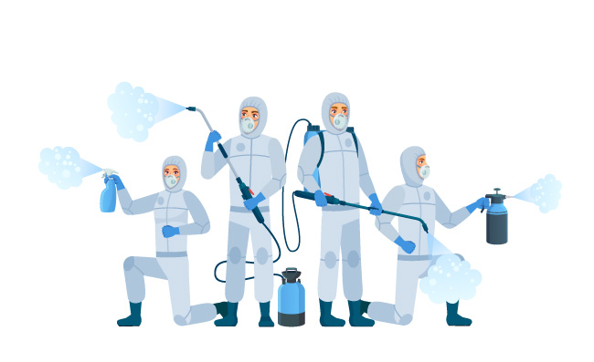 生物危害抗病毒团队抗病毒消毒穿着防护服口罩的工作人员使用消毒剂喷雾卡通图片