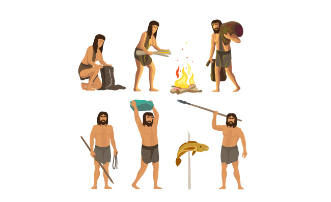 石器时期原始人使用工具和点火矢量尼安德特人和原始人物插图