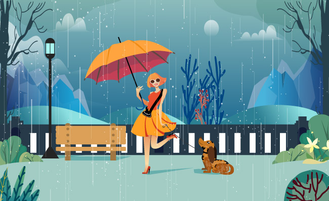 时尚女性雨天遛狗图片